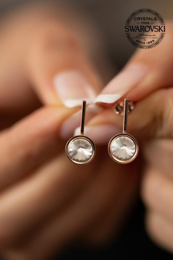 Swarovski Taşlı Tektaş ve Çubuk Model Rose Kaplama Gümüş Crystal Küpe - 4