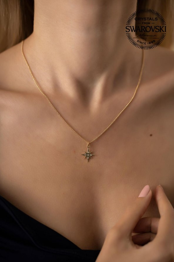 Swarovski Taşlı Kutup Yıldızı Model Altın Kaplama Gümüş Crystal Kolye