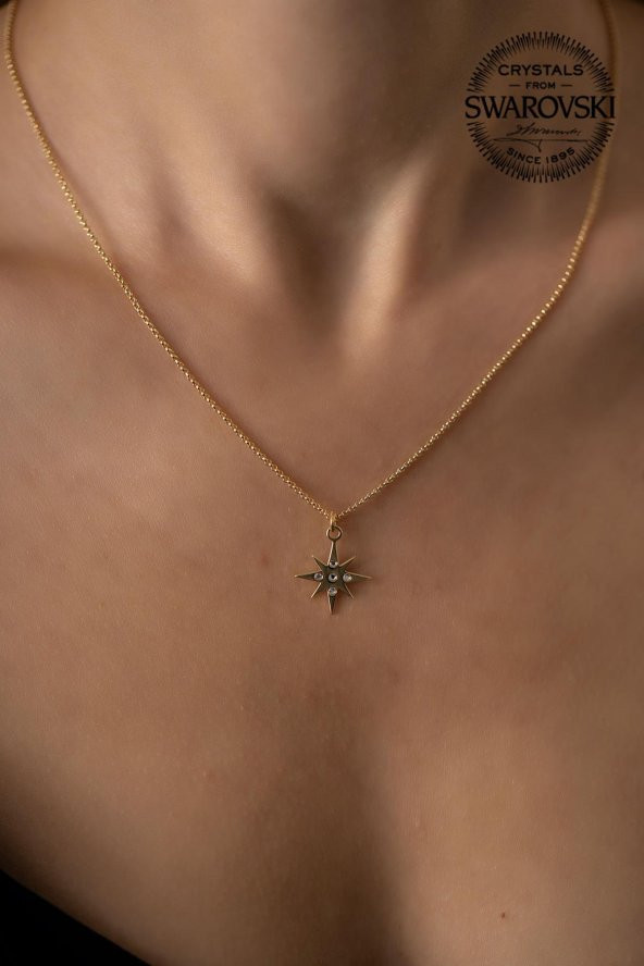 Swarovski Taşlı Kutup Yıldızı Model Altın Kaplama Gümüş Crystal Kolye - 2