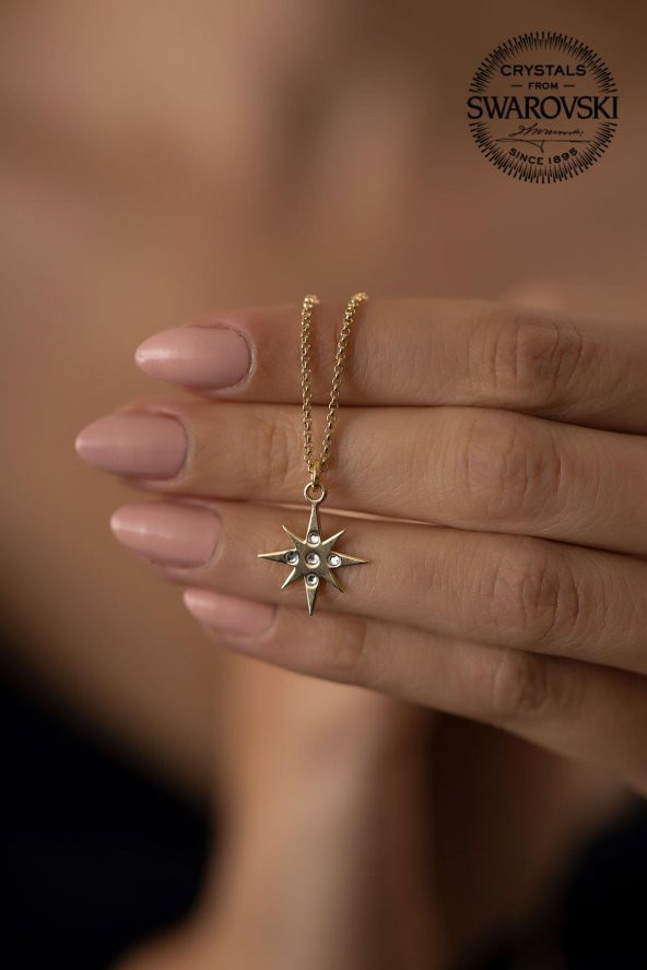 Swarovski Taşlı Kutup Yıldızı Model Altın Kaplama Gümüş Crystal Kolye - 3