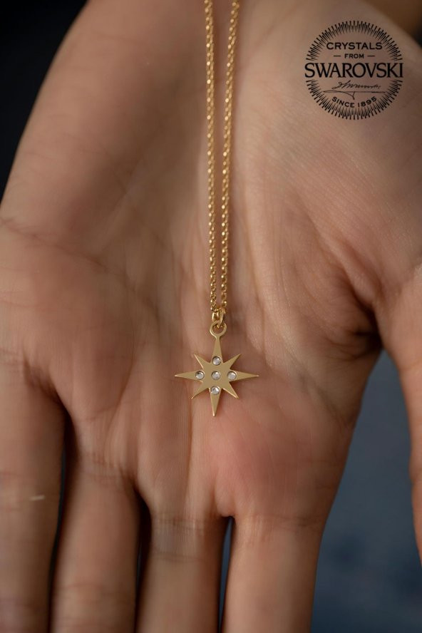 Swarovski Taşlı Kutup Yıldızı Model Altın Kaplama Gümüş Crystal Kolye - 5