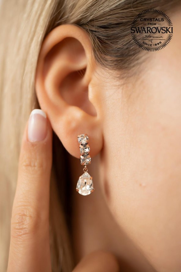 Swarovski Taşlı Üçtaş ve Damla Model Rose Gümüş Crystal Küpe