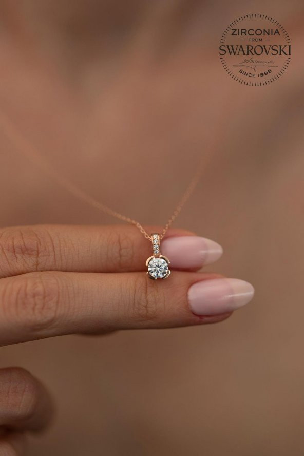 Swarovski Taşlı Tektaş Model Rose Kaplama Gümüş Zirconia Kolye