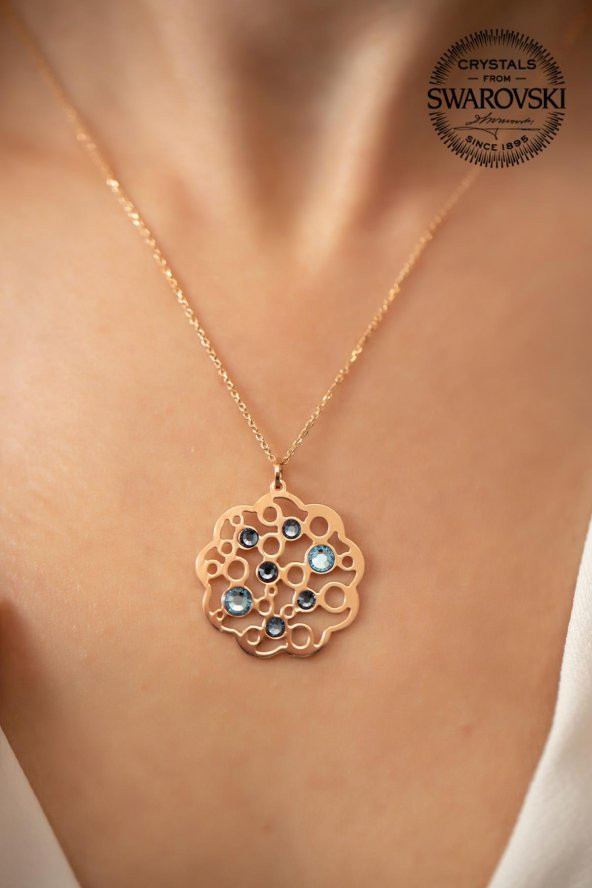 Swarovski Taşlı Çiçek Model Rose Kaplama Gümüş Crystal Kolye