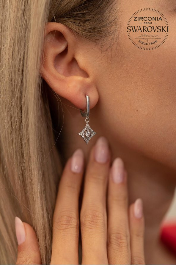Swarovski Taşlı Kare Model Gümüş Zirconia Küpe - Resim 2
