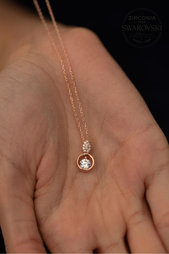 Swarovski Taşlı Damla ve Halka Model Rose Kaplama Gümüş Zirconia Kolye - Resim 3