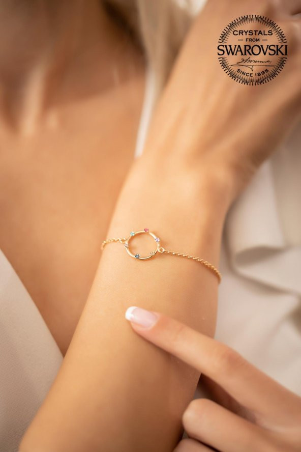Swarovski Taşlı Halka ve Mix Taş Model Altın Kaplama Gümüş Crystal Bileklik - 3