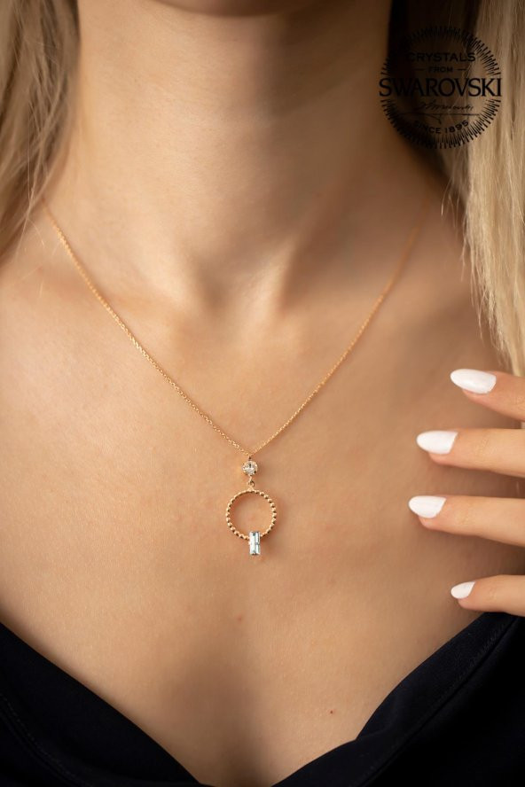 Swarovski Taşlı Halka ve Çubuk Model Rose Kaplama Gümüş Crystal Kolye