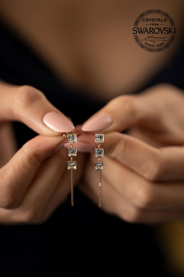 Swarovski Taşlı Üç Taş Model Rose Kaplama Gümüş Crystal Küpe - 3