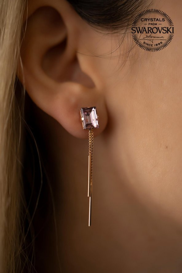 Swarovski Taşlı Baget ve Sallantılı Model Rose Kaplama Gümüş Crystal Küpe