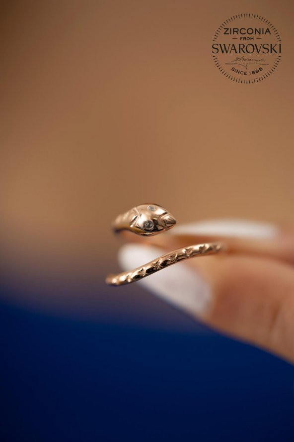 Swarovski Taşlı Yılan Model Rose Kaplama Gümüş Zirconia Yüzük - 4