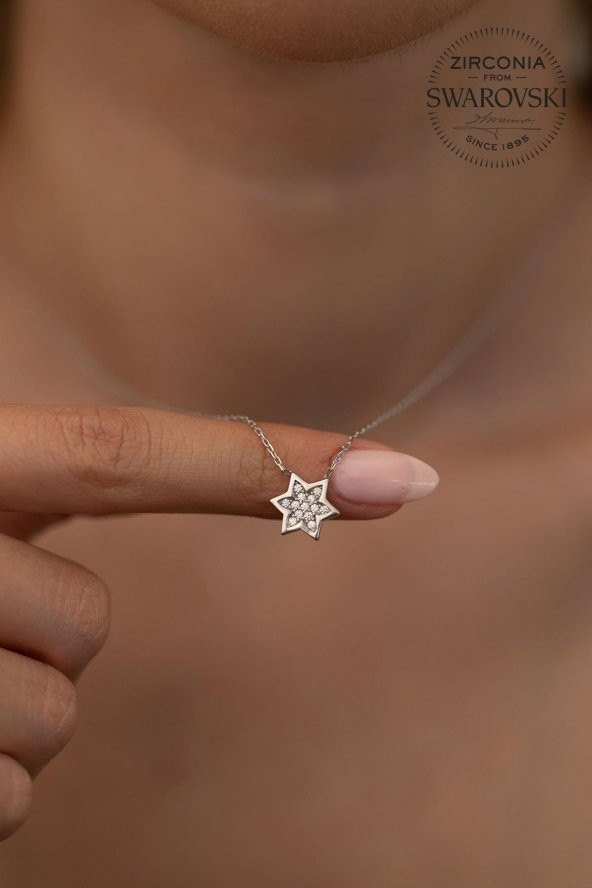 Swarovski Taşlı Altı Köşeli Yıldız Model Gümüş Zirconia Kolye