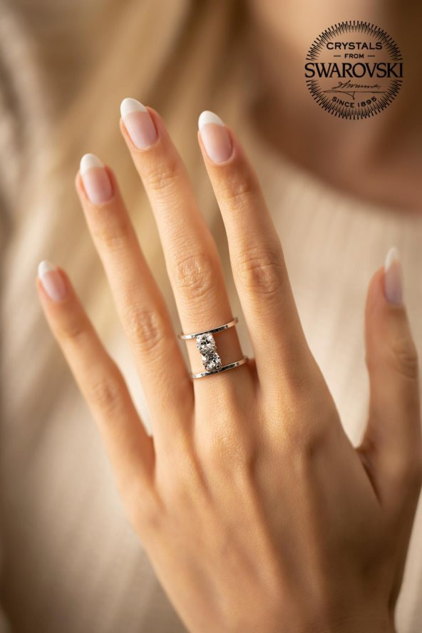 Swarovski Taşlı İki Taş Model Gümüş Crystal Yüzük - 3