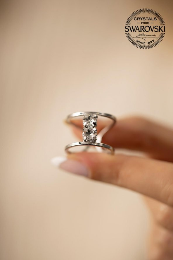 Swarovski Taşlı İki Taş Model Gümüş Crystal Yüzük - 4