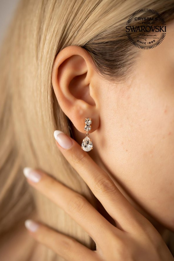 Swarovski Taşlı Damla Model Rose Kaplama Gümüş Zirconia Küpe - 2