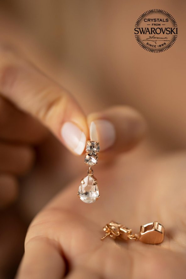 Swarovski Taşlı Damla Model Rose Kaplama Gümüş Zirconia Küpe - 4