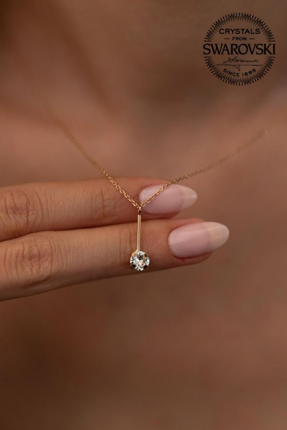 Swarovski Taşlı Çubuk Model Rose Kaplama Gümüş Crystal Kolye