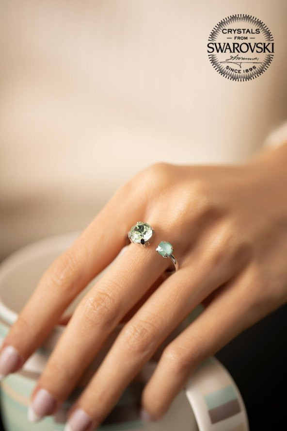 Swarovski Taşlı İki Taş Model Gümüş Crystal Yüzük - 2