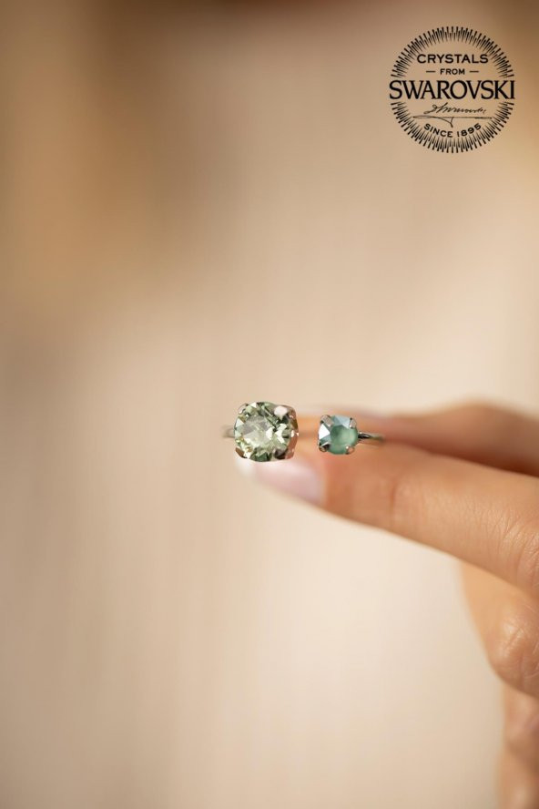 Swarovski Taşlı İki Taş Model Gümüş Crystal Yüzük - 4