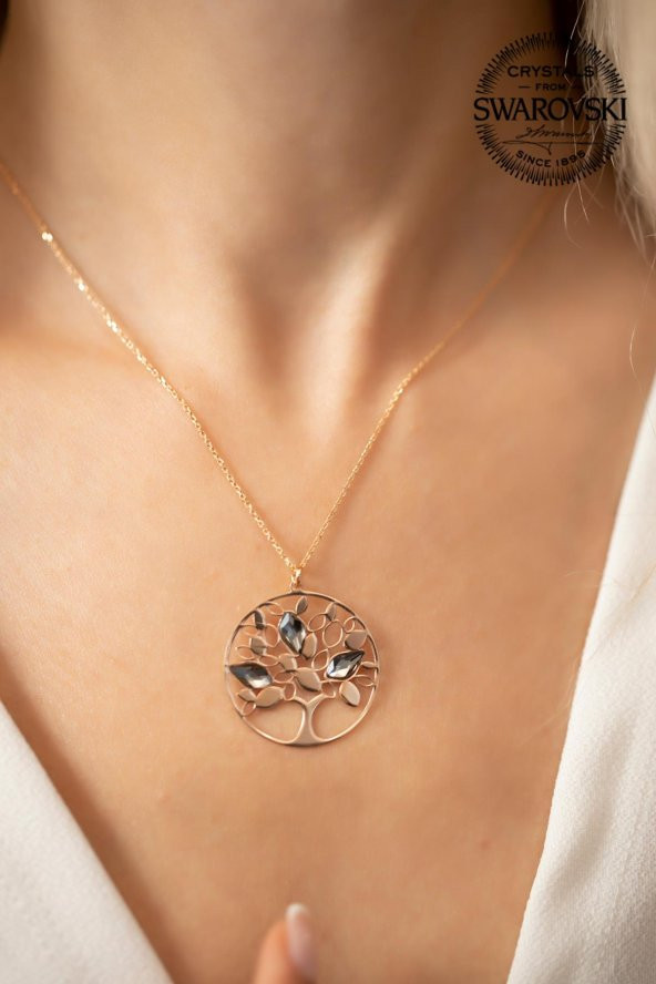 Swarovski Taşlı Hayat Ağacı Model Rose Kaplama Gümüş Crystal Kolye