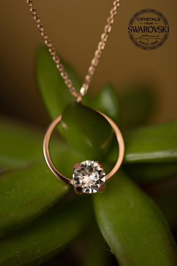Swarovski Taşlı Halka ve Tektaş Model Rose Kaplama Gümüş Crystal Kolye - 3