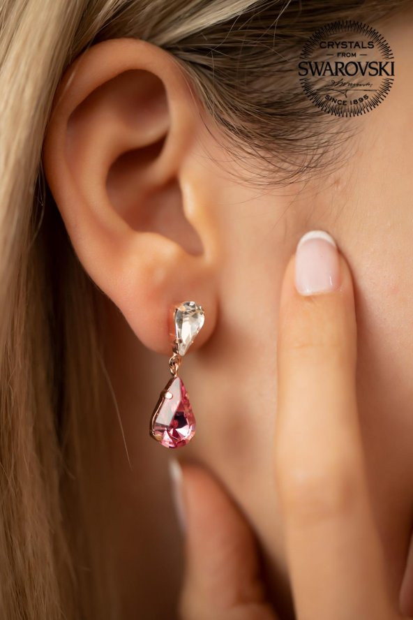 Swarovski Taşlı Çift Damla Model Rose Kaplama Gümüş Crystal Küpe