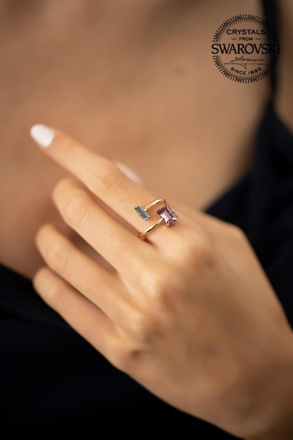 Swarovski Taşlı Çubuk ve Baget Model Rose Kaplama Gümüş Crystal Yüzük