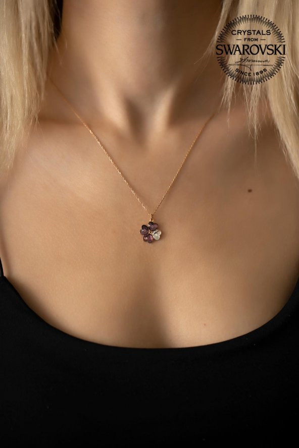 Swarovski Taşlı Yonca Model Rose Kaplama Gümüş Crystal Kolye