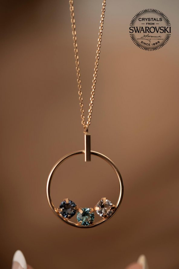 Swarovski Taşlı Halka ve Üçtaş Model Rose Kaplama Gümüş Crystal Kolye - 2