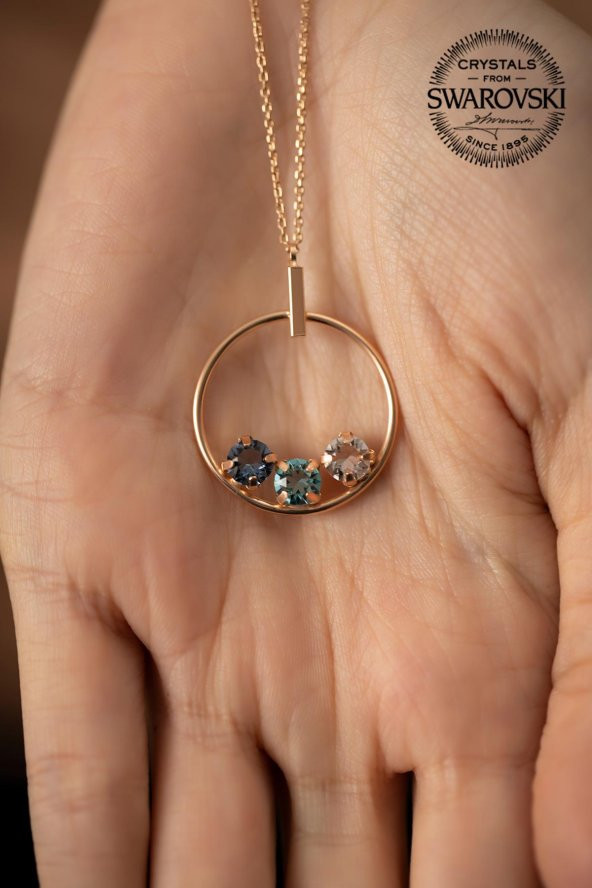 Swarovski Taşlı Halka ve Üçtaş Model Rose Kaplama Gümüş Crystal Kolye - 4