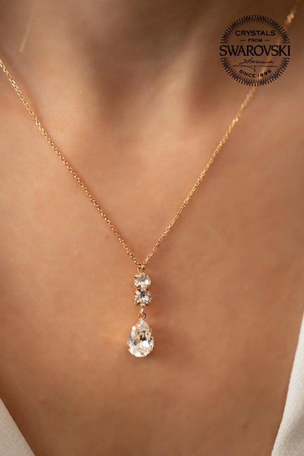 Swarovski Taşlı Damla ve Çift Taş Model Rose Kaplama Gümüş Crystal Kolye