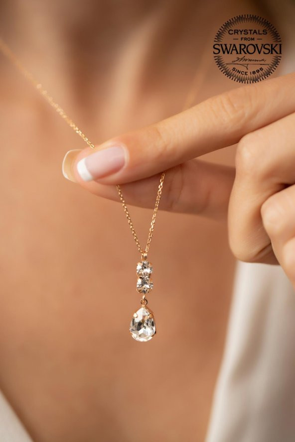 Swarovski Taşlı Damla ve Çift Taş Model Rose Kaplama Gümüş Crystal Kolye - 2