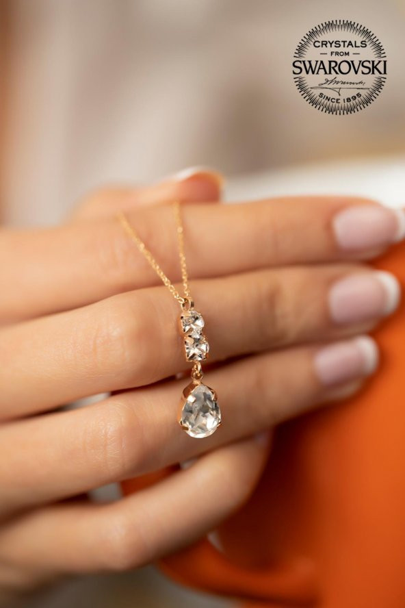 Swarovski Taşlı Damla ve Çift Taş Model Rose Kaplama Gümüş Crystal Kolye - 3