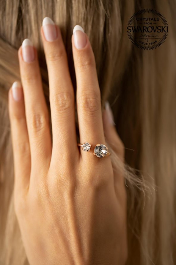 Swarovski Taşlı Çift Taş Model Rose Kaplama Gümüş Crystal Yüzük - 2