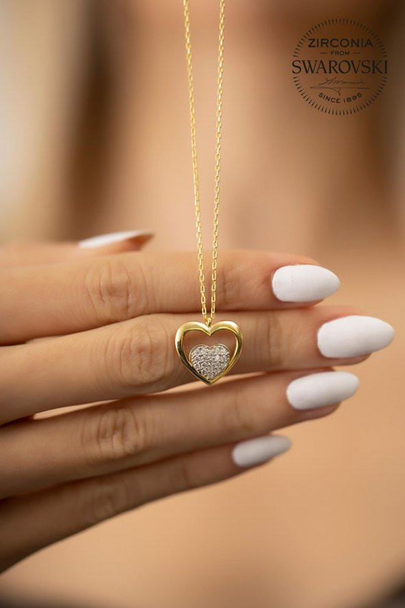 Swarovski Taşlı Kalp Model Altın Kaplama Gümüş Zirconia Kolye - Resim 2