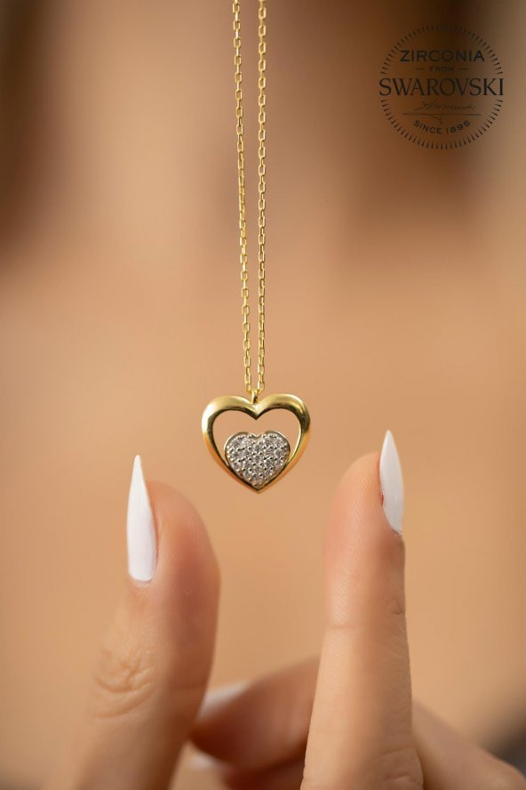 Swarovski Taşlı Kalp Model Altın Kaplama Gümüş Zirconia Kolye - Resim 4
