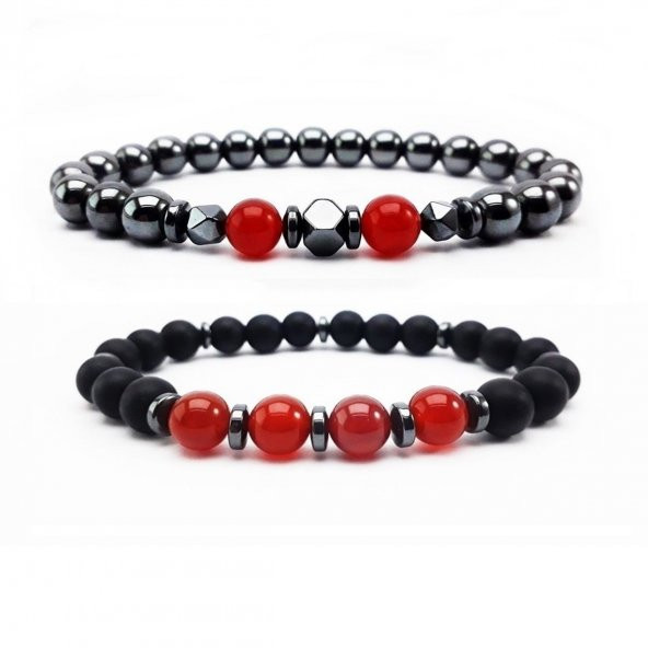 Hematit - Akik - Oniks İkili Erkek Doğal Taş Bileklik - 2