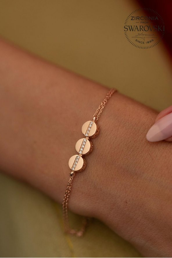 Swarovski Taşlı Üçlü Yuvarlak Model Rose Kaplama Gümüş Zirconia Bileklik - 2