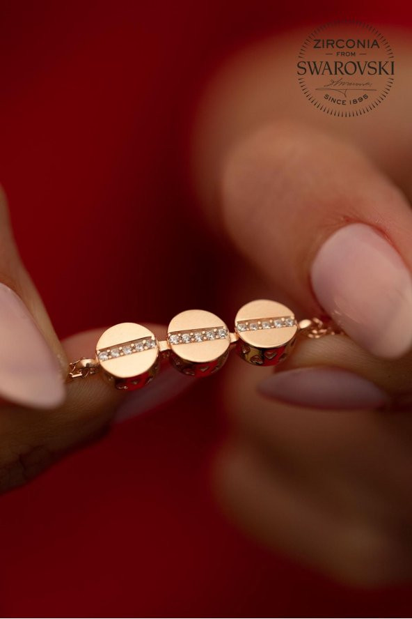 Swarovski Taşlı Üçlü Yuvarlak Model Rose Kaplama Gümüş Zirconia Bileklik - 3
