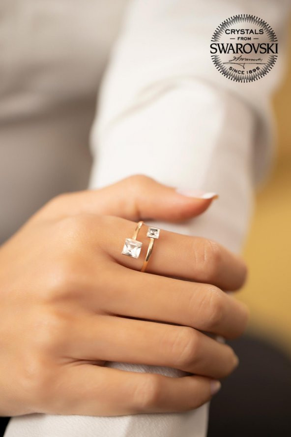 Swarovski Taşlı Kare Taş Model Rose Kaplama Gümüş Crystal Yüzük - 2