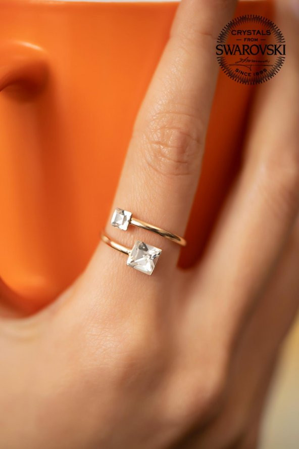 Swarovski Taşlı Kare Taş Model Rose Kaplama Gümüş Crystal Yüzük - 4