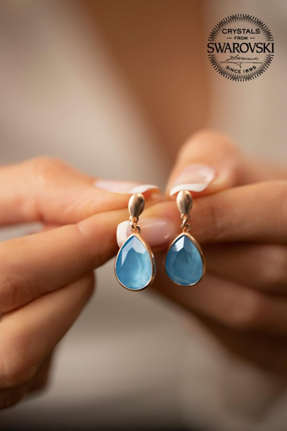 Swarovski Taşlı Damla Model Rose Kaplama Gümüş Crystal Küpe - 3