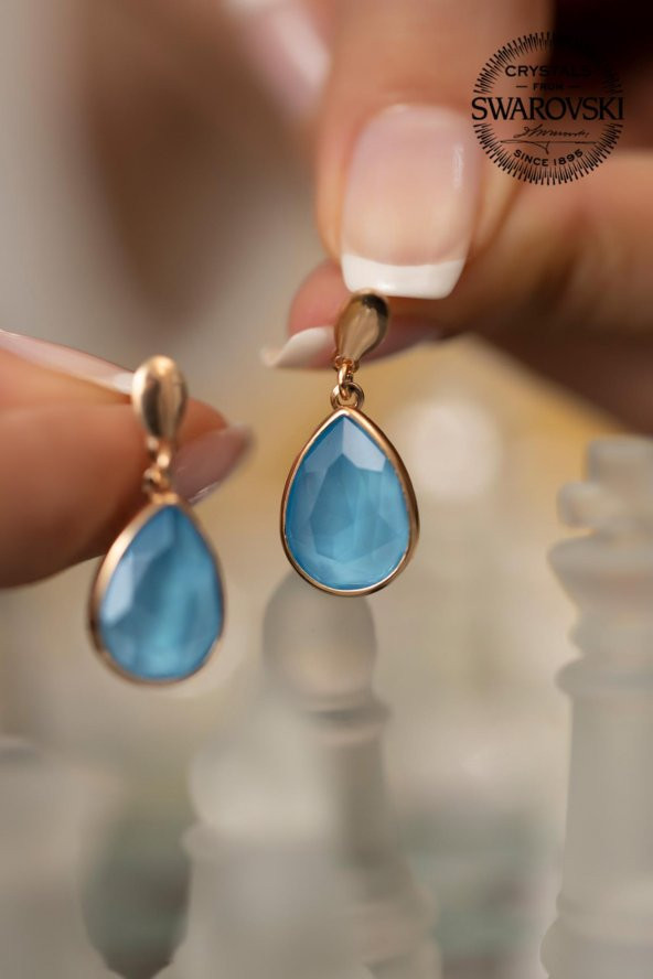 Swarovski Taşlı Damla Model Rose Kaplama Gümüş Crystal Küpe - 4