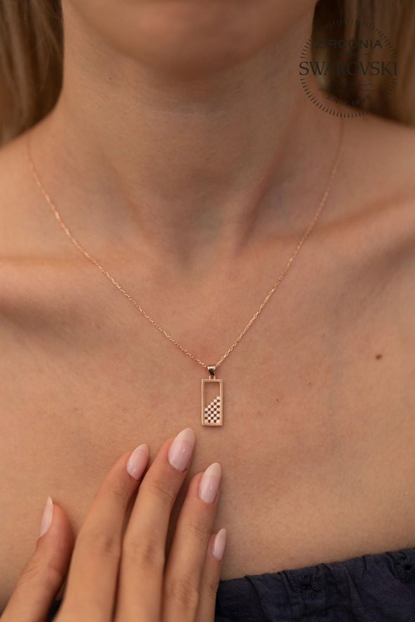 Swarovski Taşlı Dikdörtgen Model Rose Kaplama Gümüş Zirconia Kolye - 2