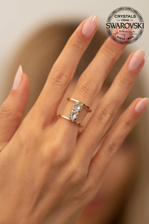 Swarovski Taşlı İki Taş Model Rose Kaplama Gümüş Crystal Yüzük - 2