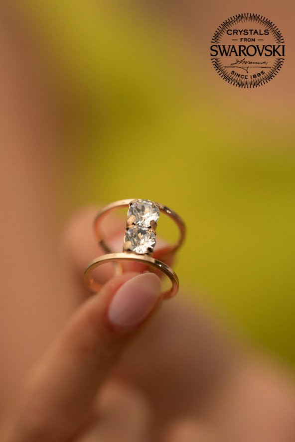 Swarovski Taşlı İki Taş Model Rose Kaplama Gümüş Crystal Yüzük - 3