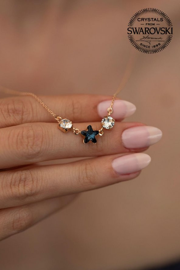 Swarovski Taşlı Yıldız Model Rose Kaplama Gümüş Crystal Kolye