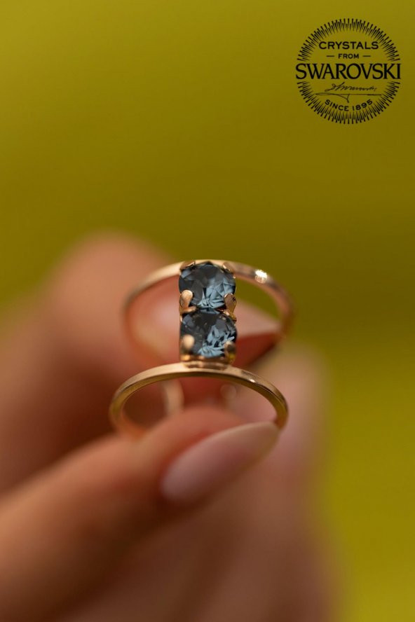 Swarovski Taşlı İki Taş Model Rose Kaplama Gümüş Crystal Yüzük - 3