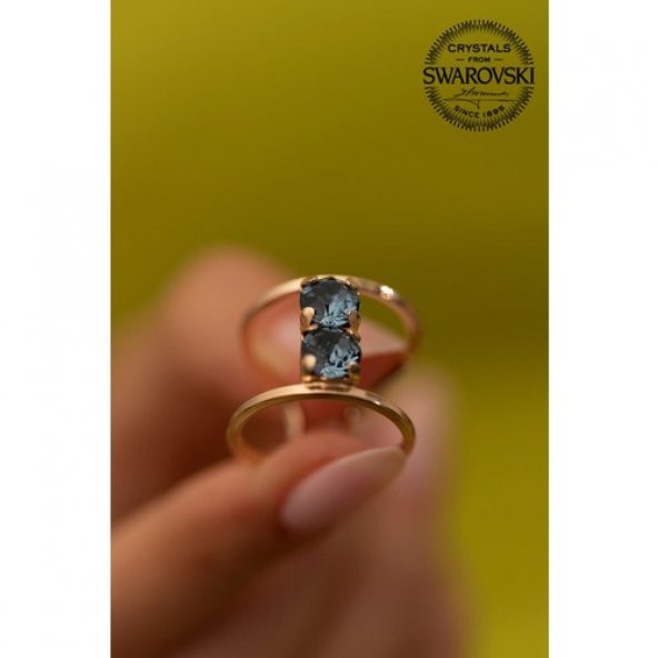 Swarovski Taşlı İki Taş Model Rose Kaplama Gümüş Crystal Yüzük - 2