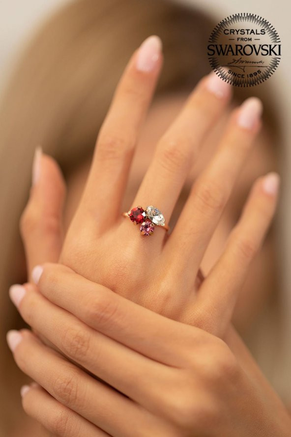 Swarovski Taşlı Yaprak Model Rose Kaplama Gümüş Crystal Yüzük - Resim 2